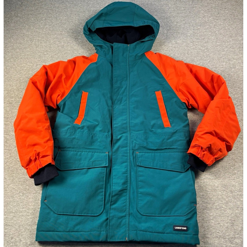 Lands' End Boys Squall Hooded Waterproof Windproof Kids Small Teal Orange Coat